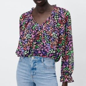 Zara Floral Cropped Balloon Sleeve Top - Small